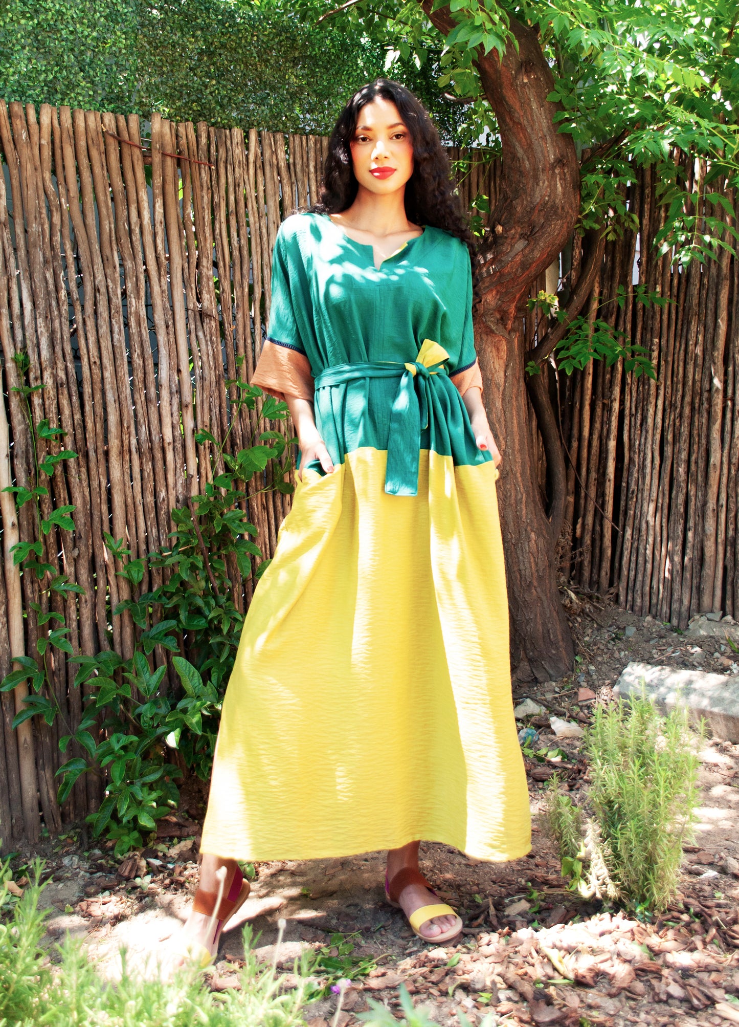 Gabriella kaftan in patchwork Evergreen rayon blend