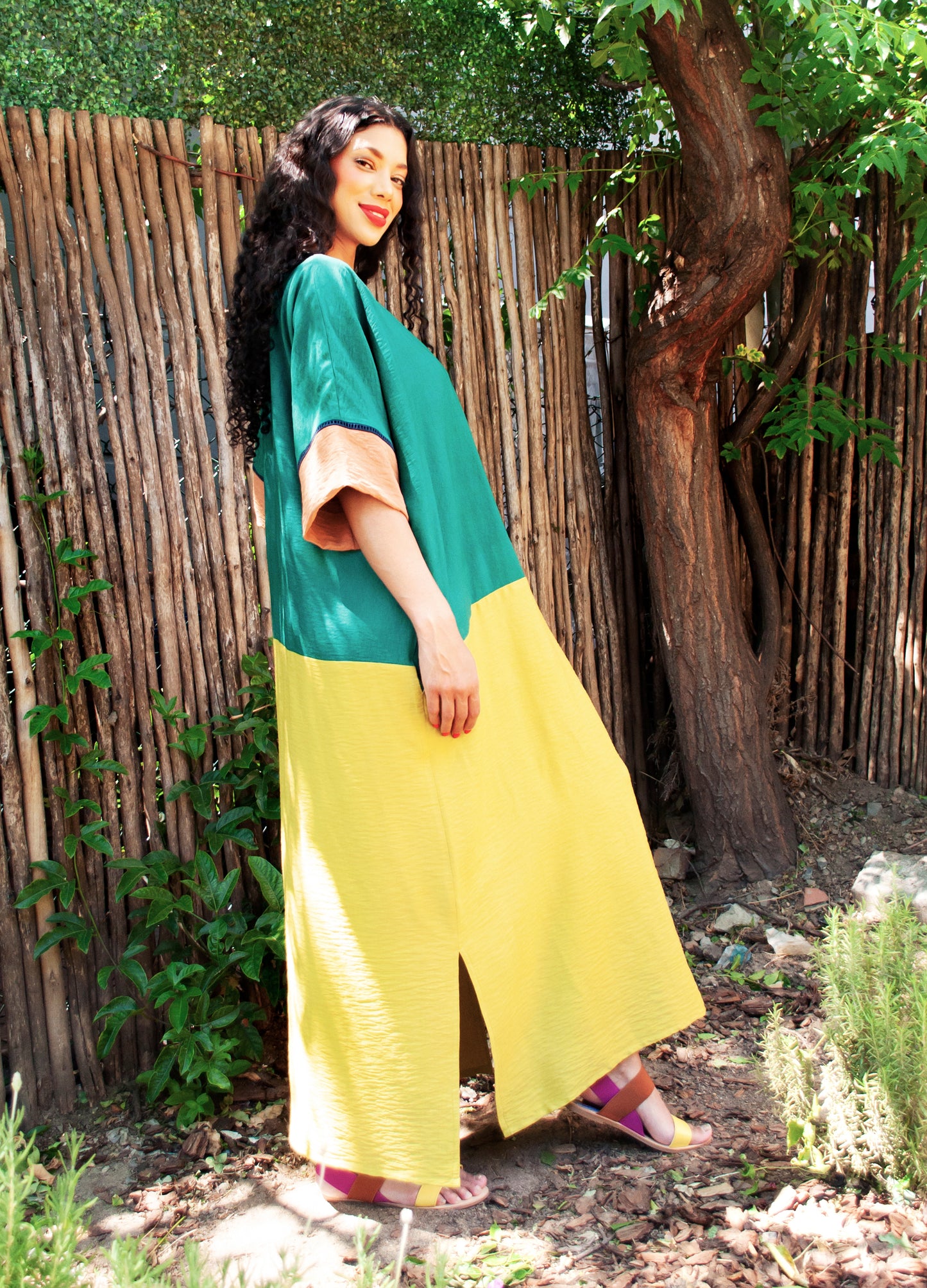 Gabriella kaftan in patchwork Evergreen rayon blend