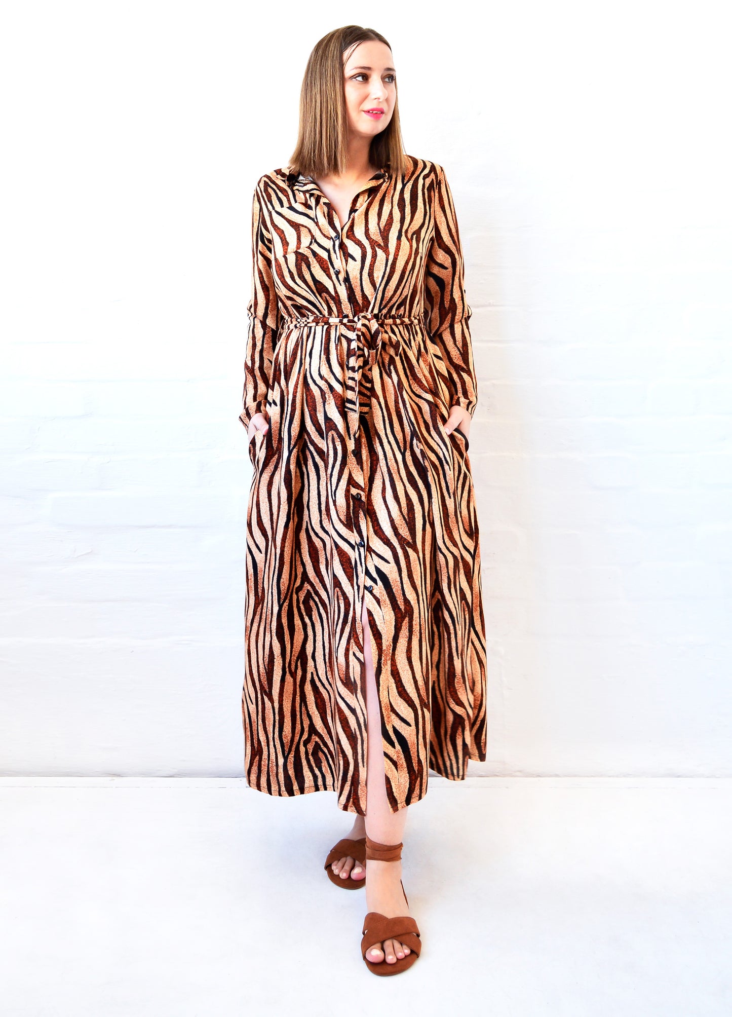 Ivy Shirt Dress in caramel Tiger Wave print