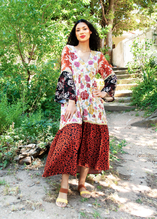 Lilly swing dress in patchwork Padma print