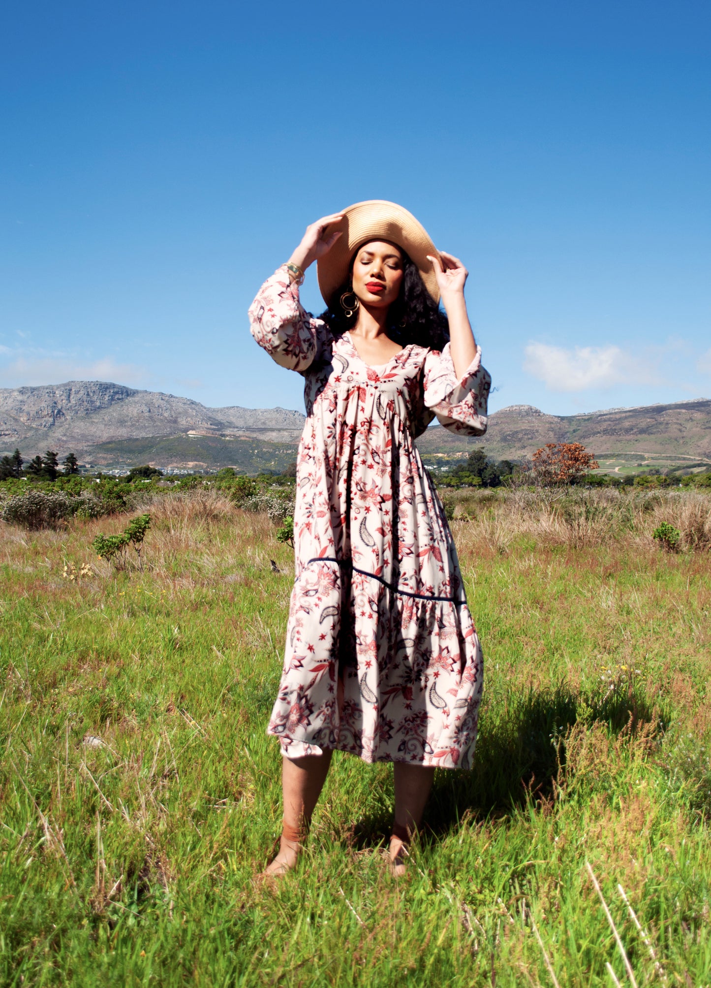 Lilly swing dress in stone Ophira print