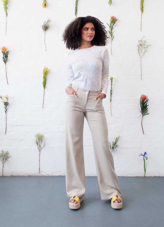 Lin Wide-Leg Trousers in Stone linen blend