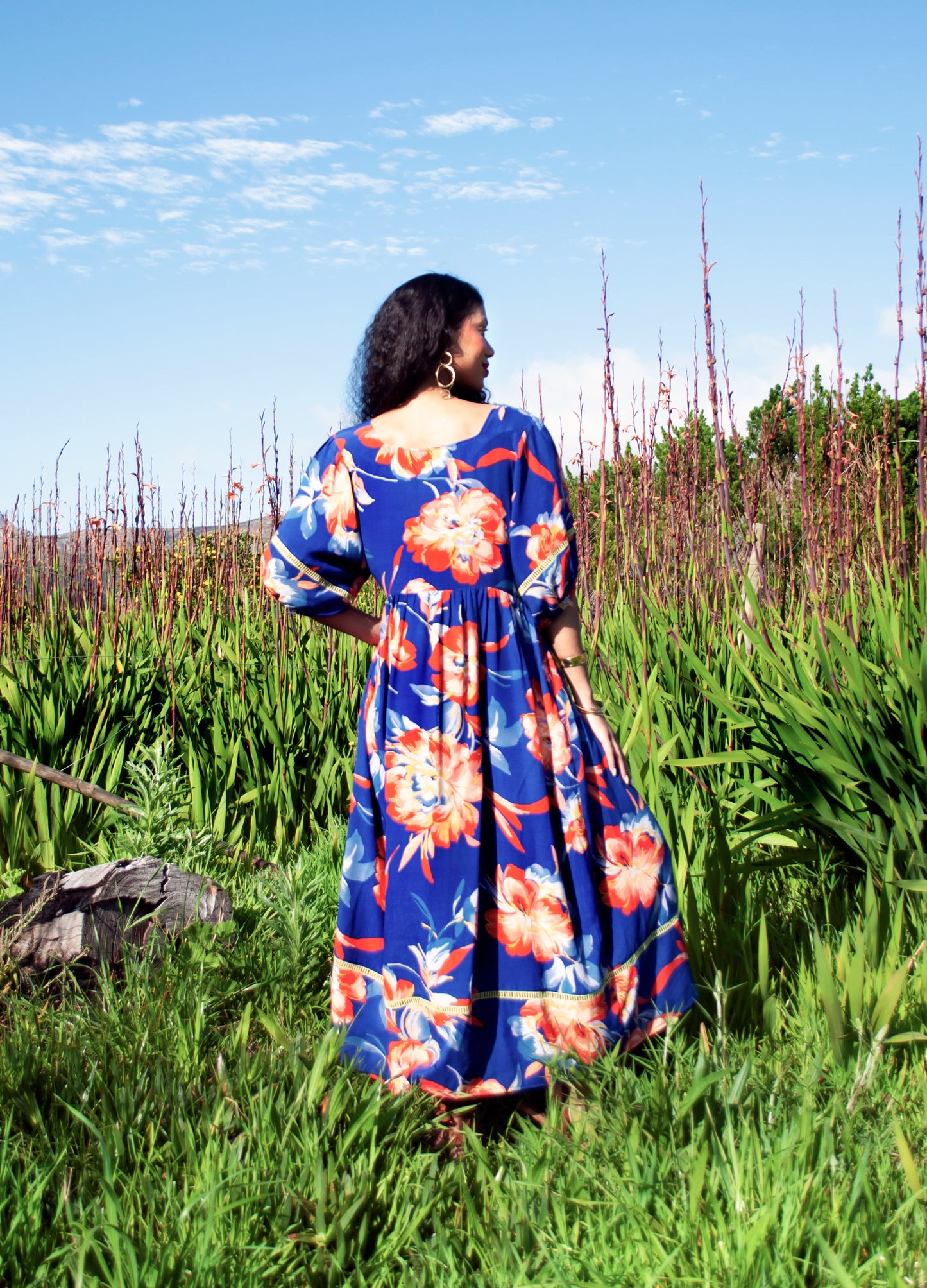 Luna reversabile dress in sapphire Tropical Peonies
