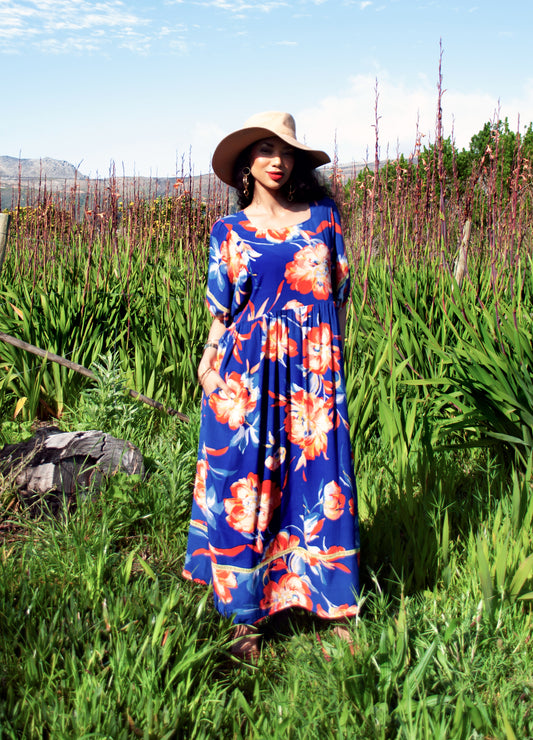Luna reversabile dress in sapphire Tropical Peonies