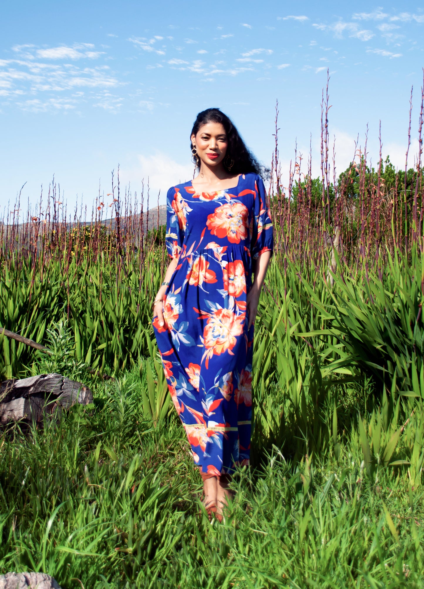 Luna reversabile dress in sapphire Tropical Peonies