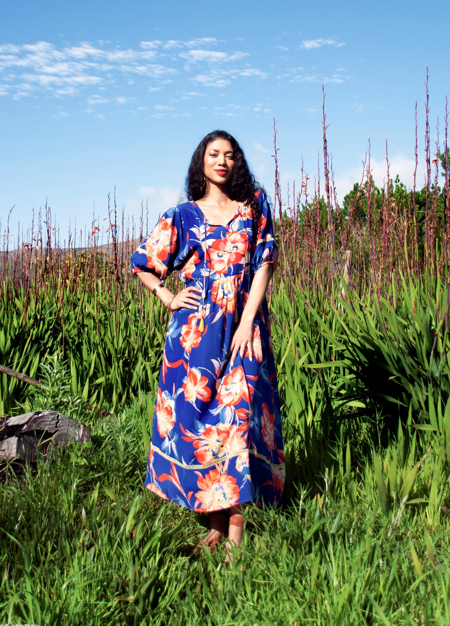 Luna reversabile dress in sapphire Tropical Peonies