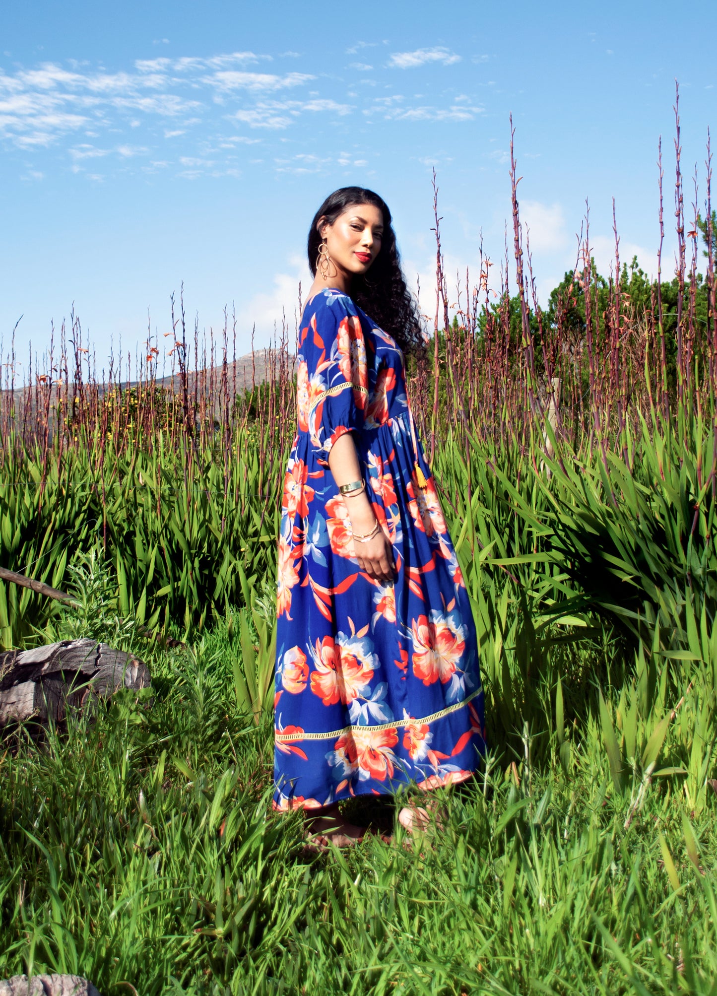 Luna reversabile dress in sapphire Tropical Peonies