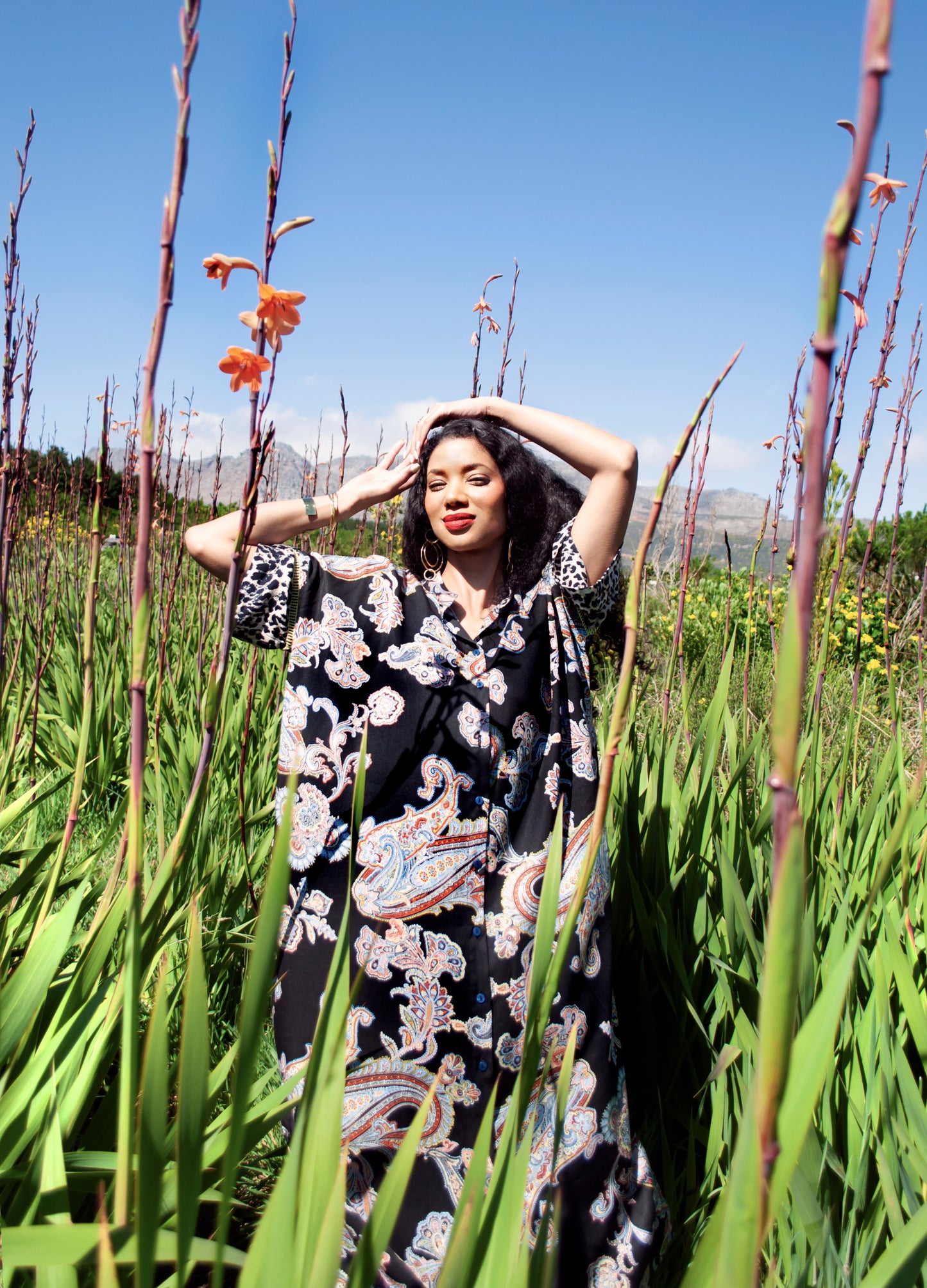 Luz kaftan dress in black Flame Leaf print