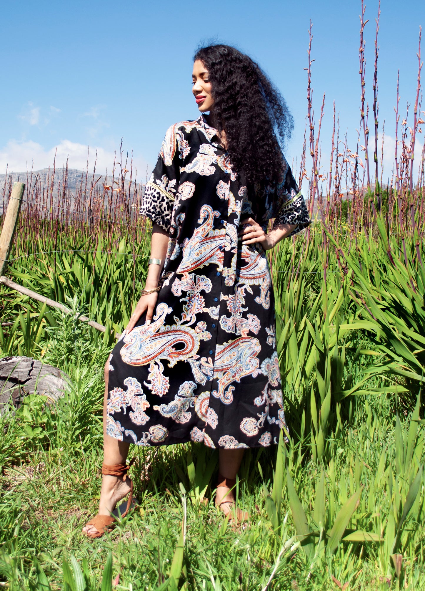 Luz kaftan dress in black Flame Leaf print