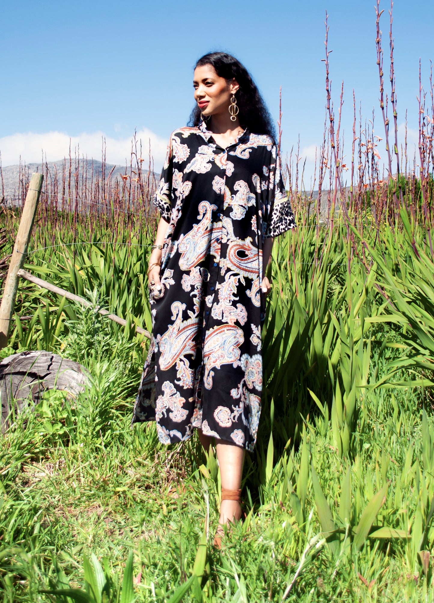 Luz kaftan dress in black Flame Leaf print