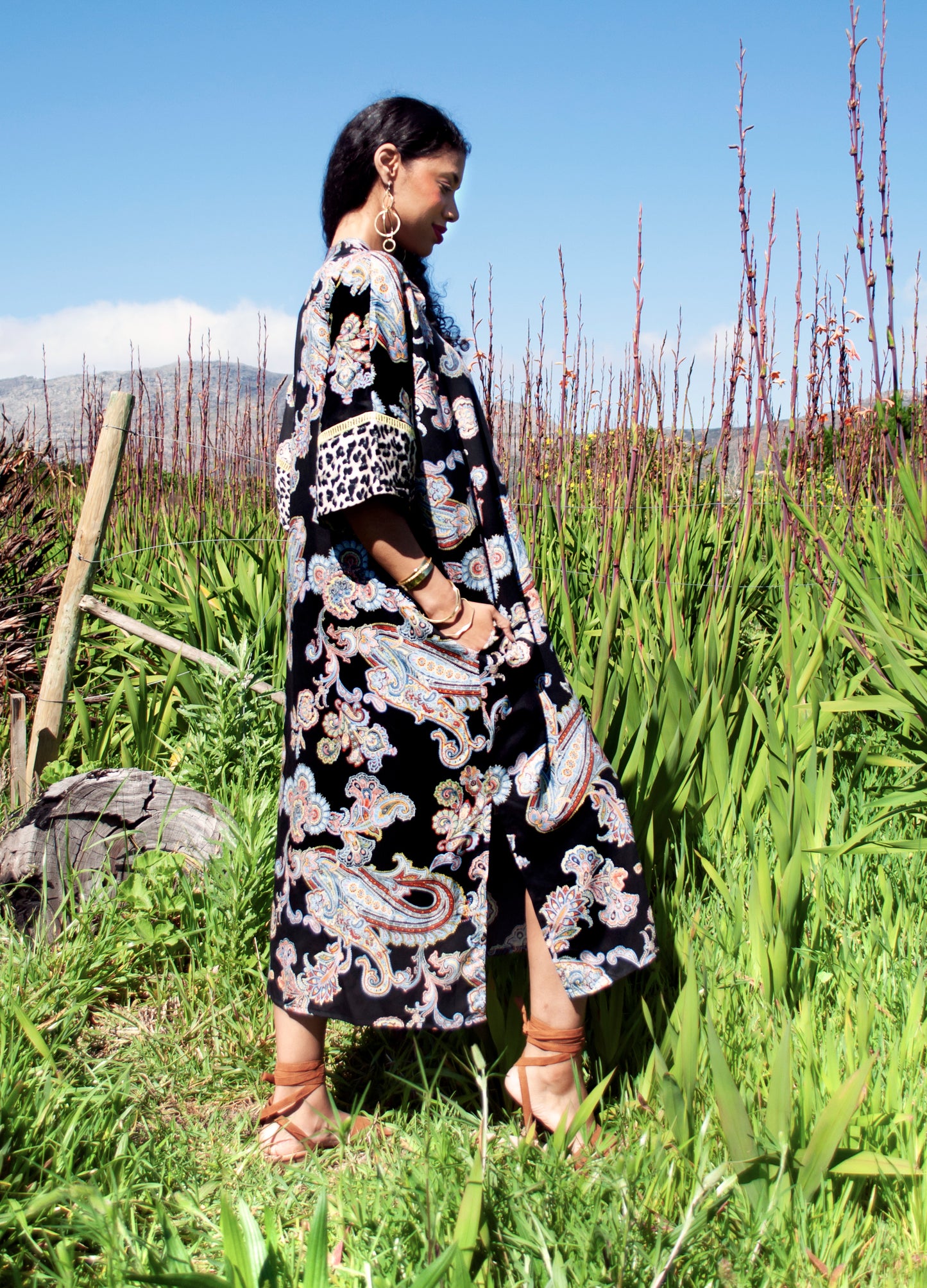 Luz kaftan dress in black Flame Leaf print