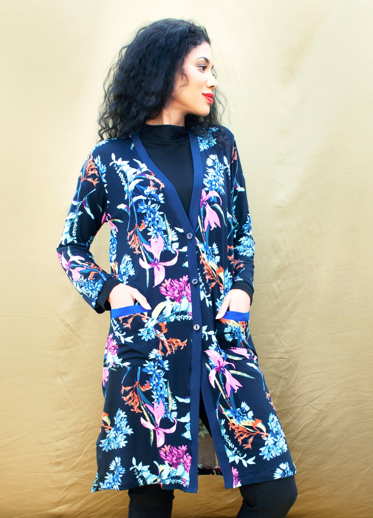 Nicolette Cardigan in navy Moonflower print
