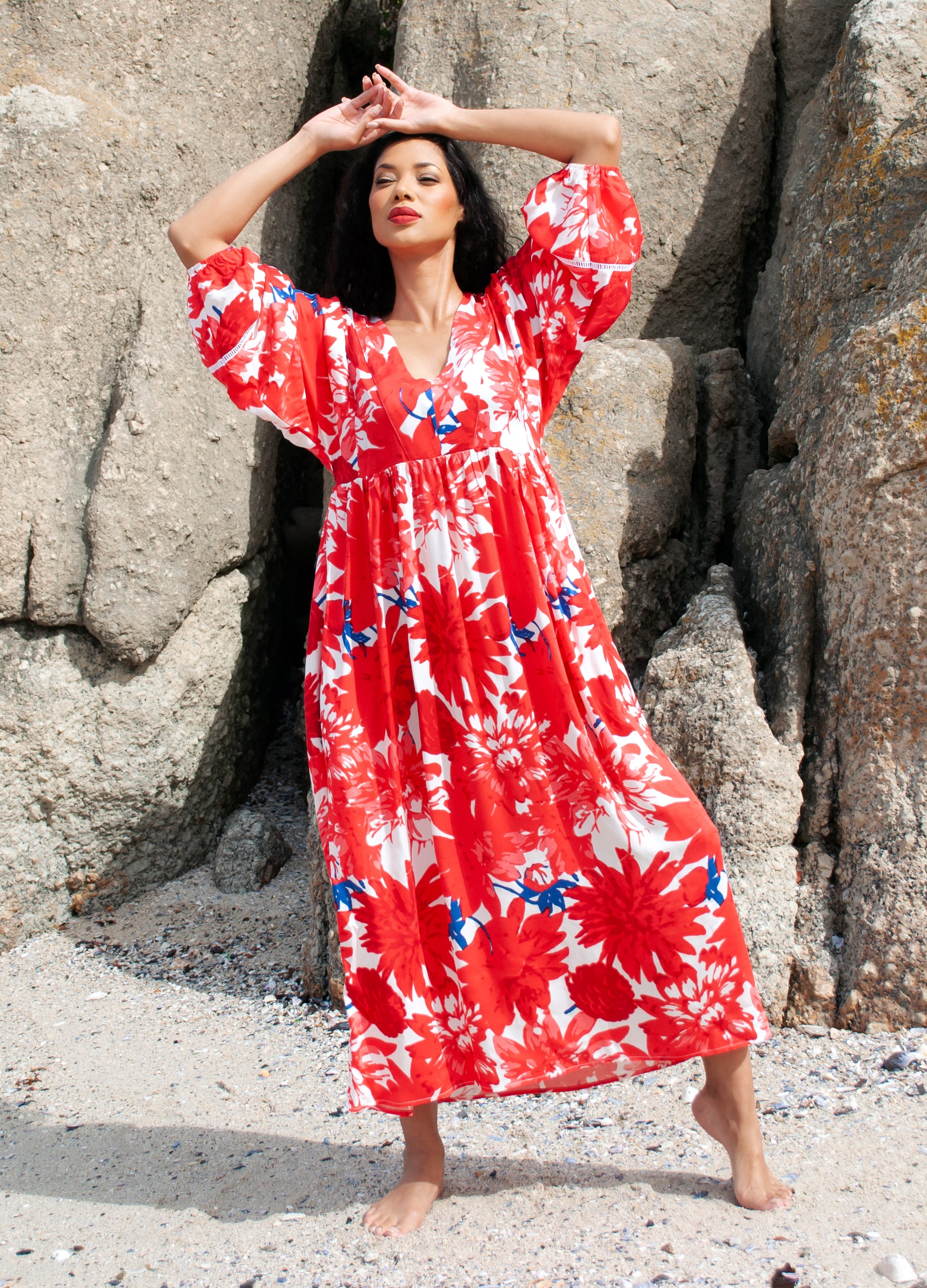Poppy kaftan dress in red Papavero print 36
