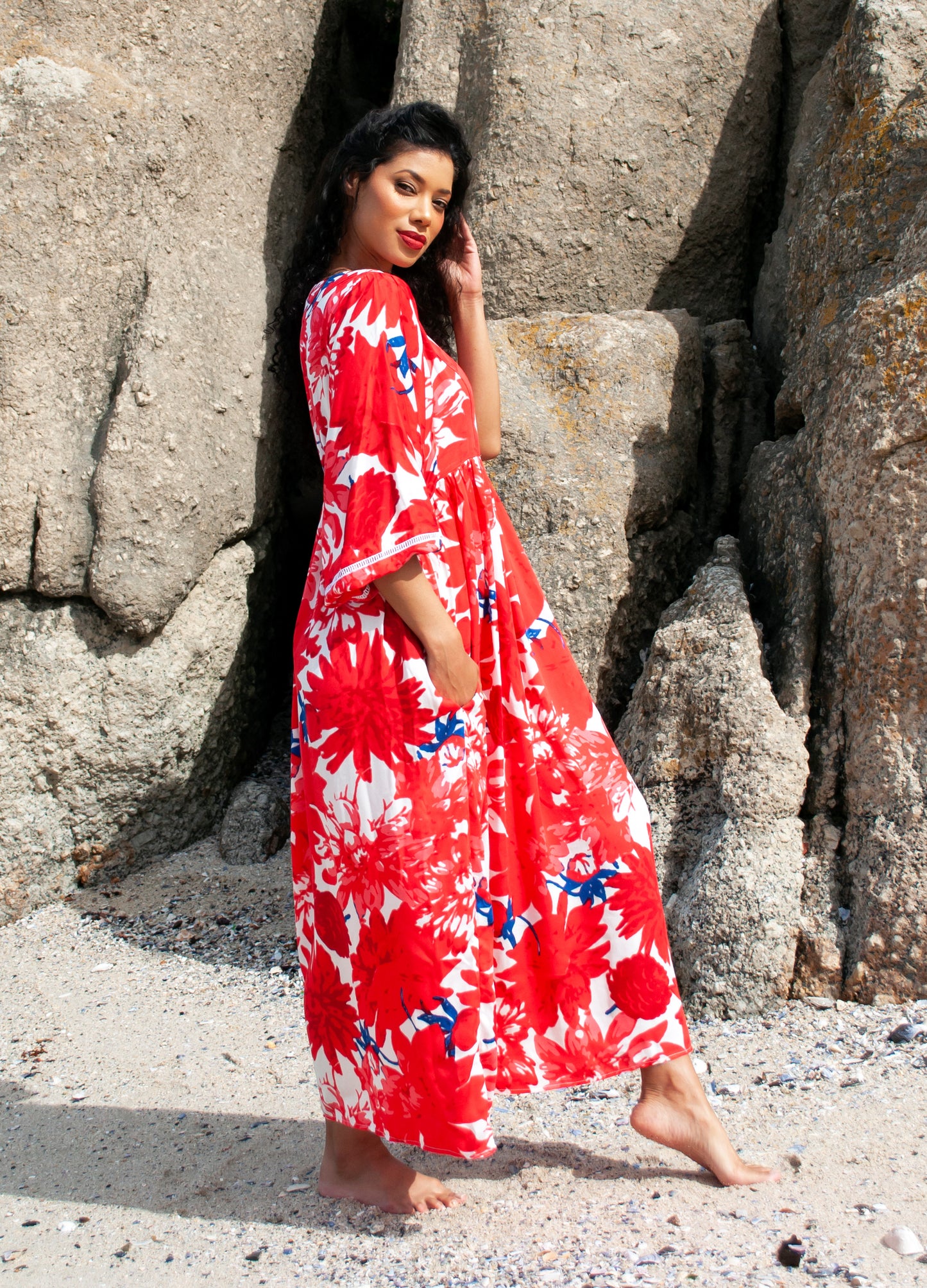 Poppy kaftan dress in red Papavero print