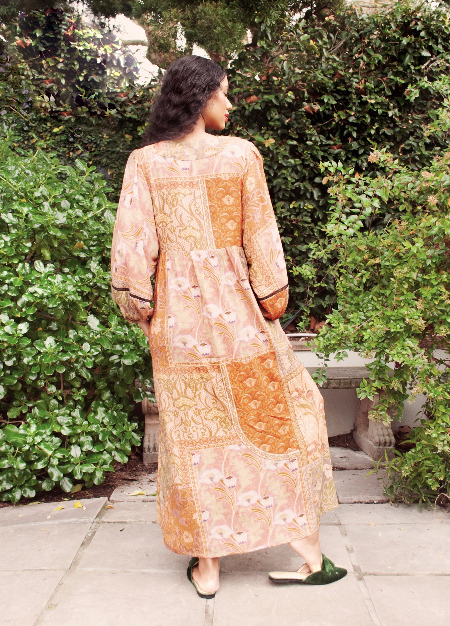 Poppy kaftan dress in rust Plumeria print