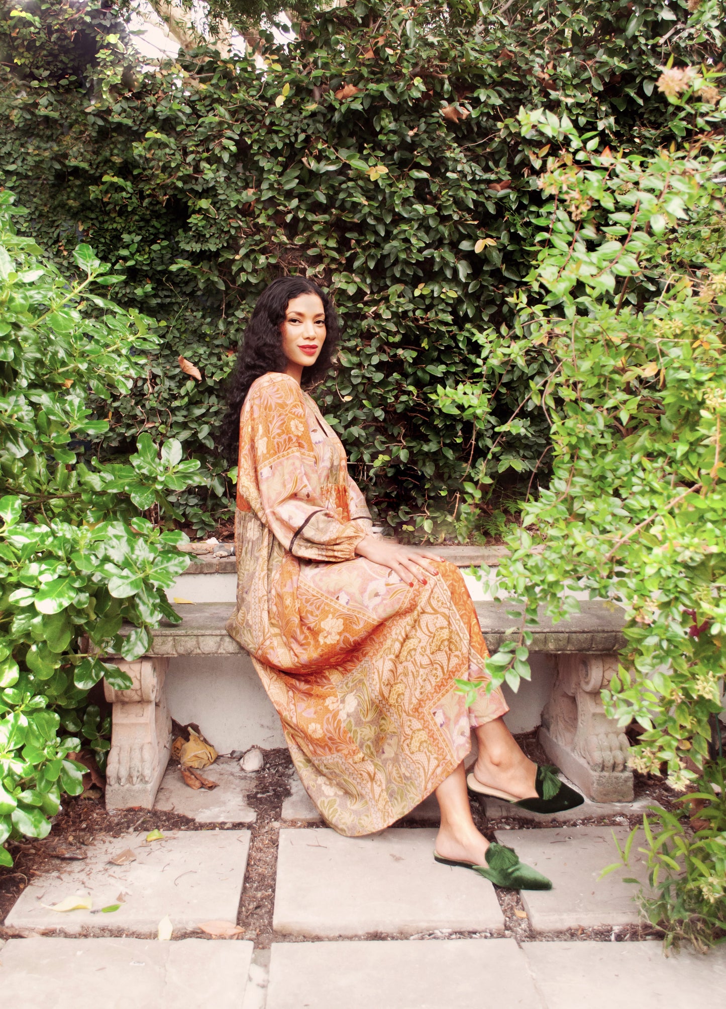 Poppy kaftan dress in rust Plumeria print