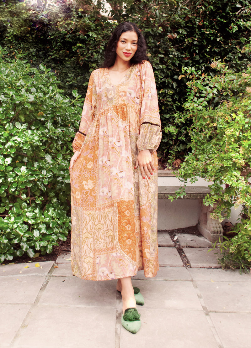 Poppy kaftan dress in rust Plumeria print 32/38/44
