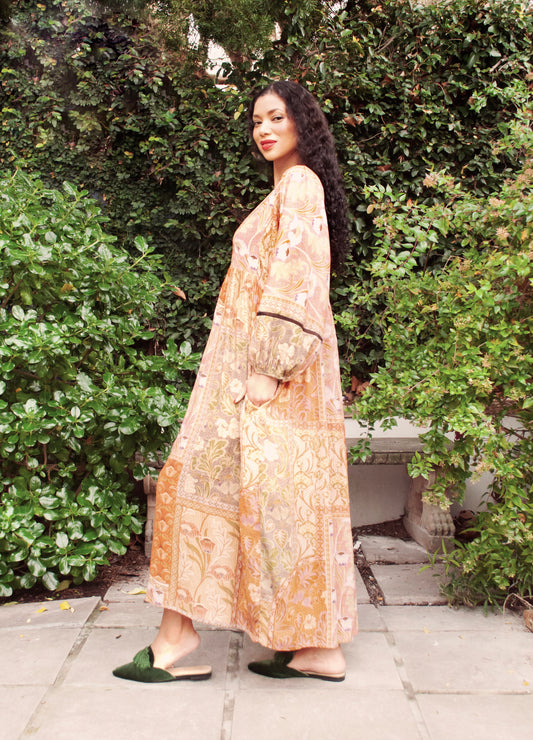 Poppy kaftan dress in rust Plumeria print
