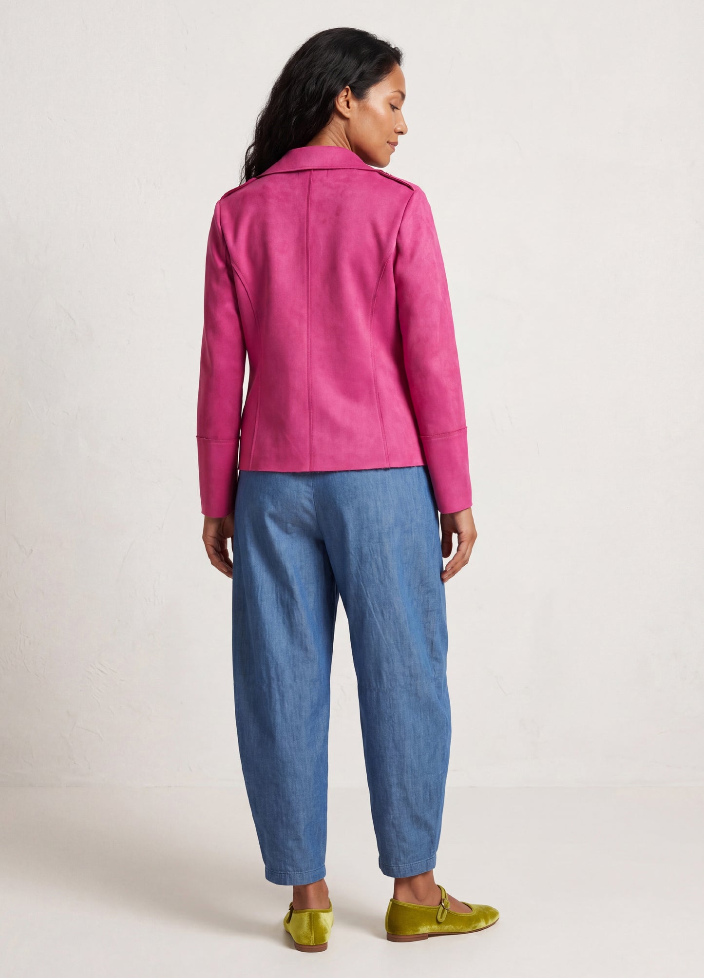 Ryleigh biker jacket in Raspberry suede scuba