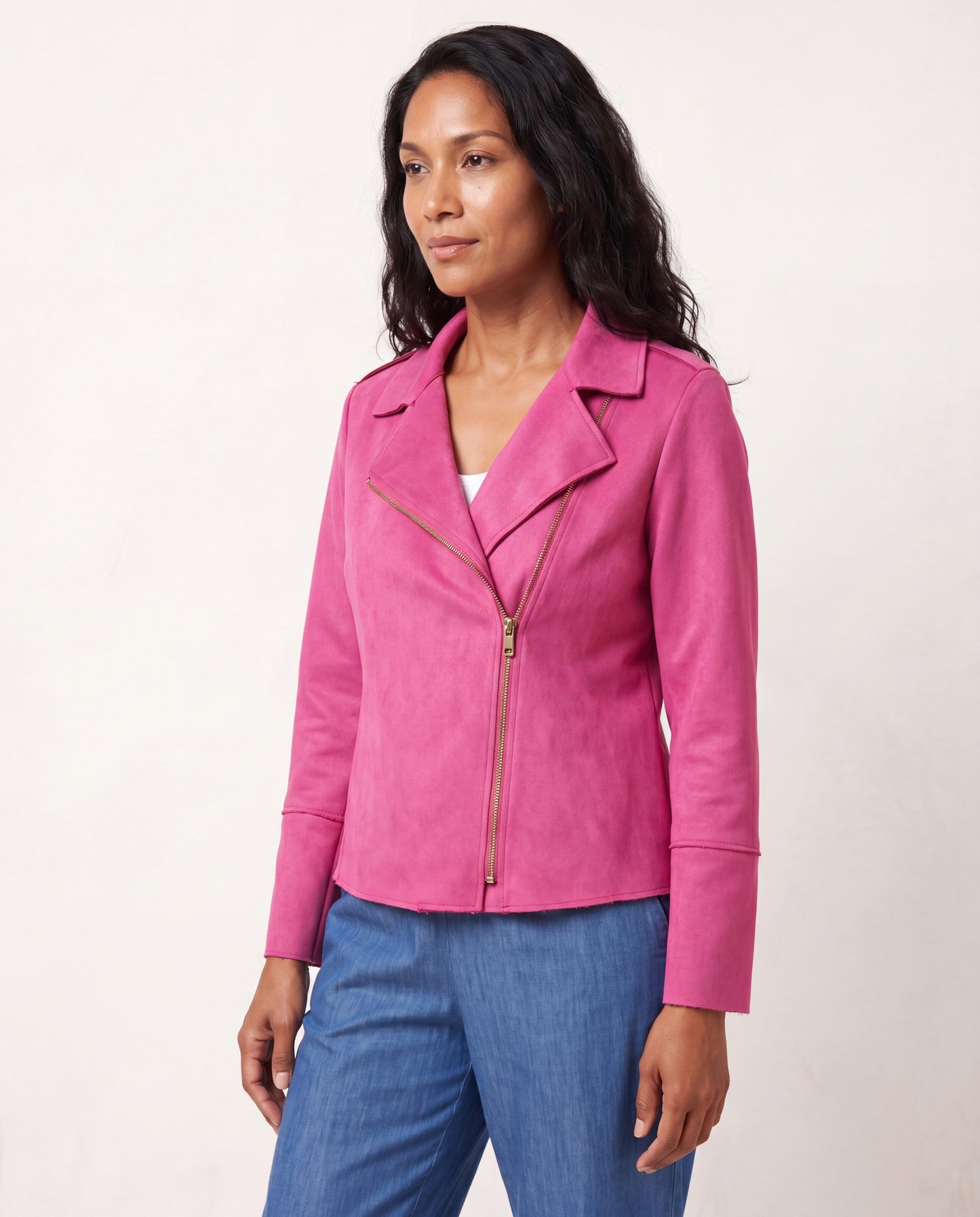 Ryleigh biker jacket in Raspberry suede scuba