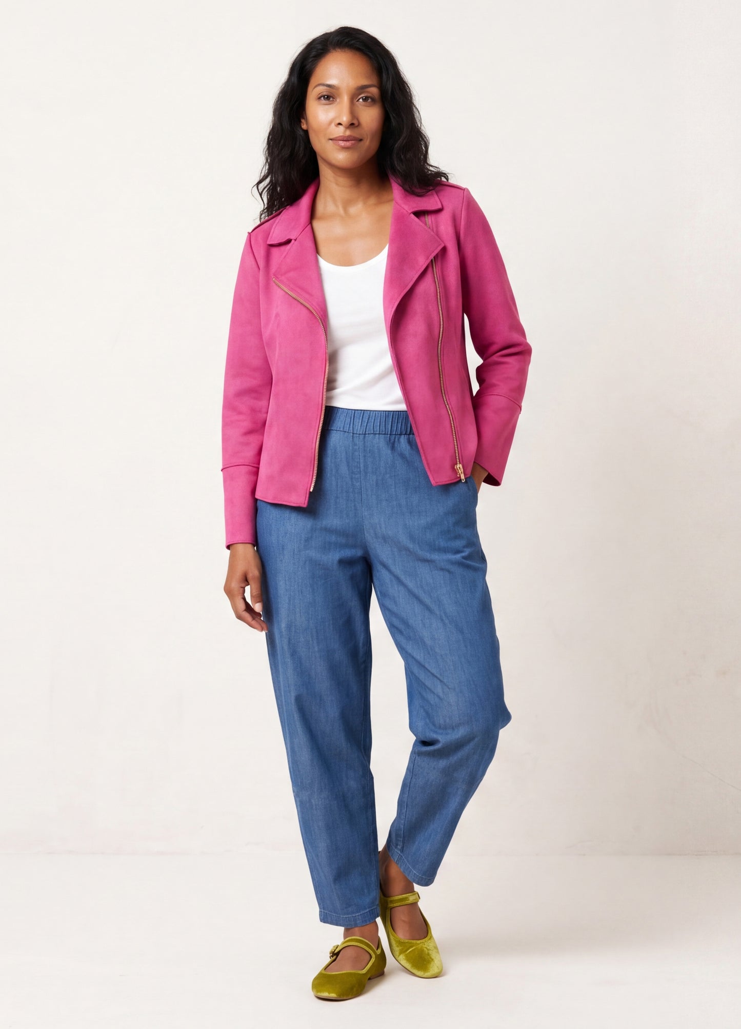 Ryleigh biker jacket in Raspberry suede scuba