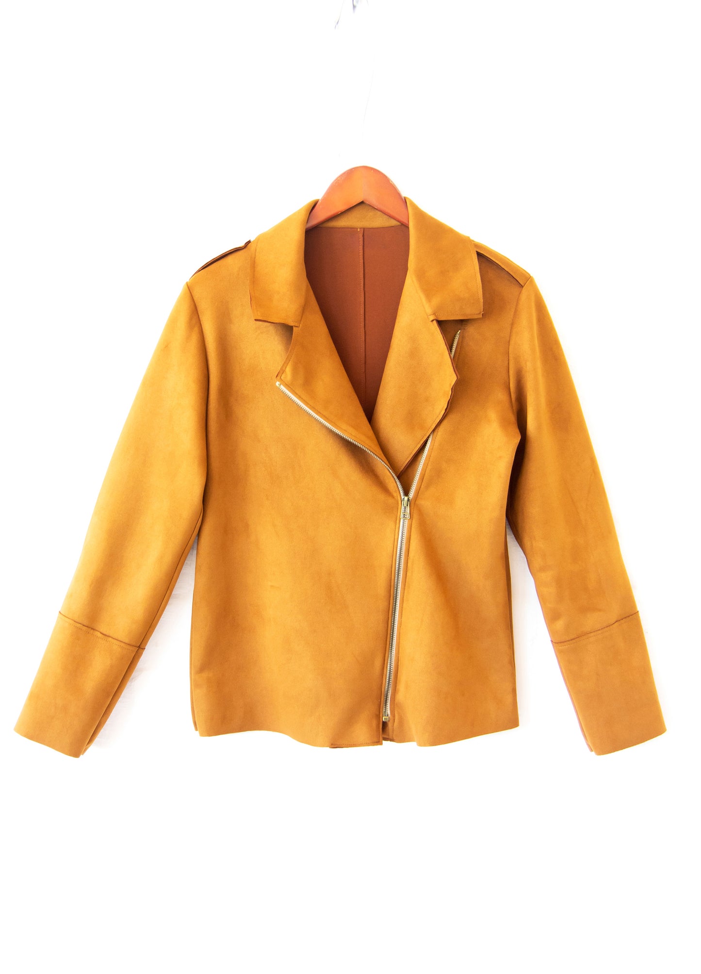 Ryleigh biker jacket in Marigold suede scuba