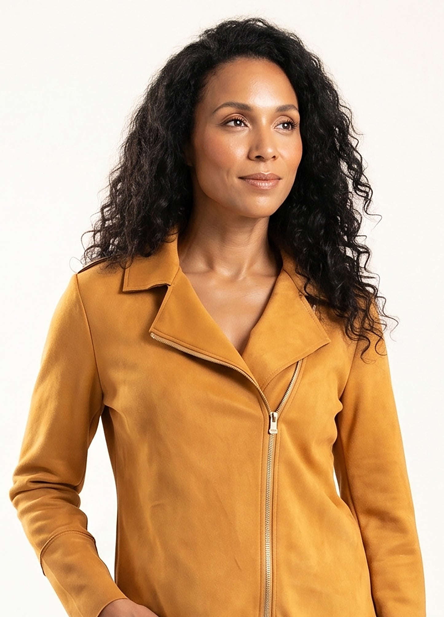 Ryleigh biker jacket in Marigold suede scuba