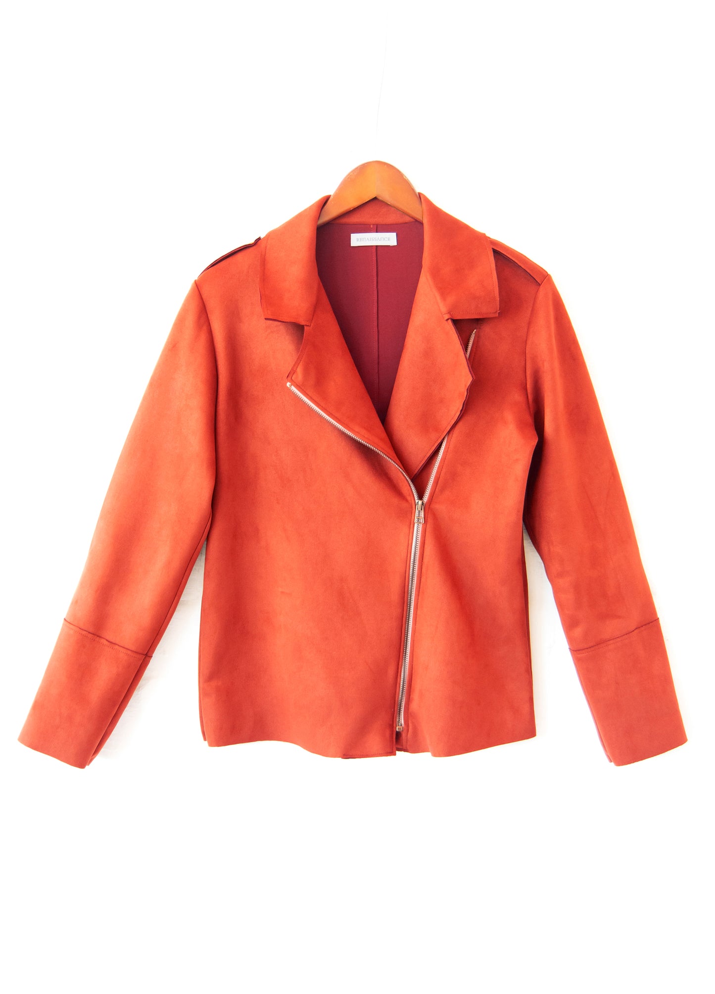 Ryleigh biker jacket in Persimmon suede scuba