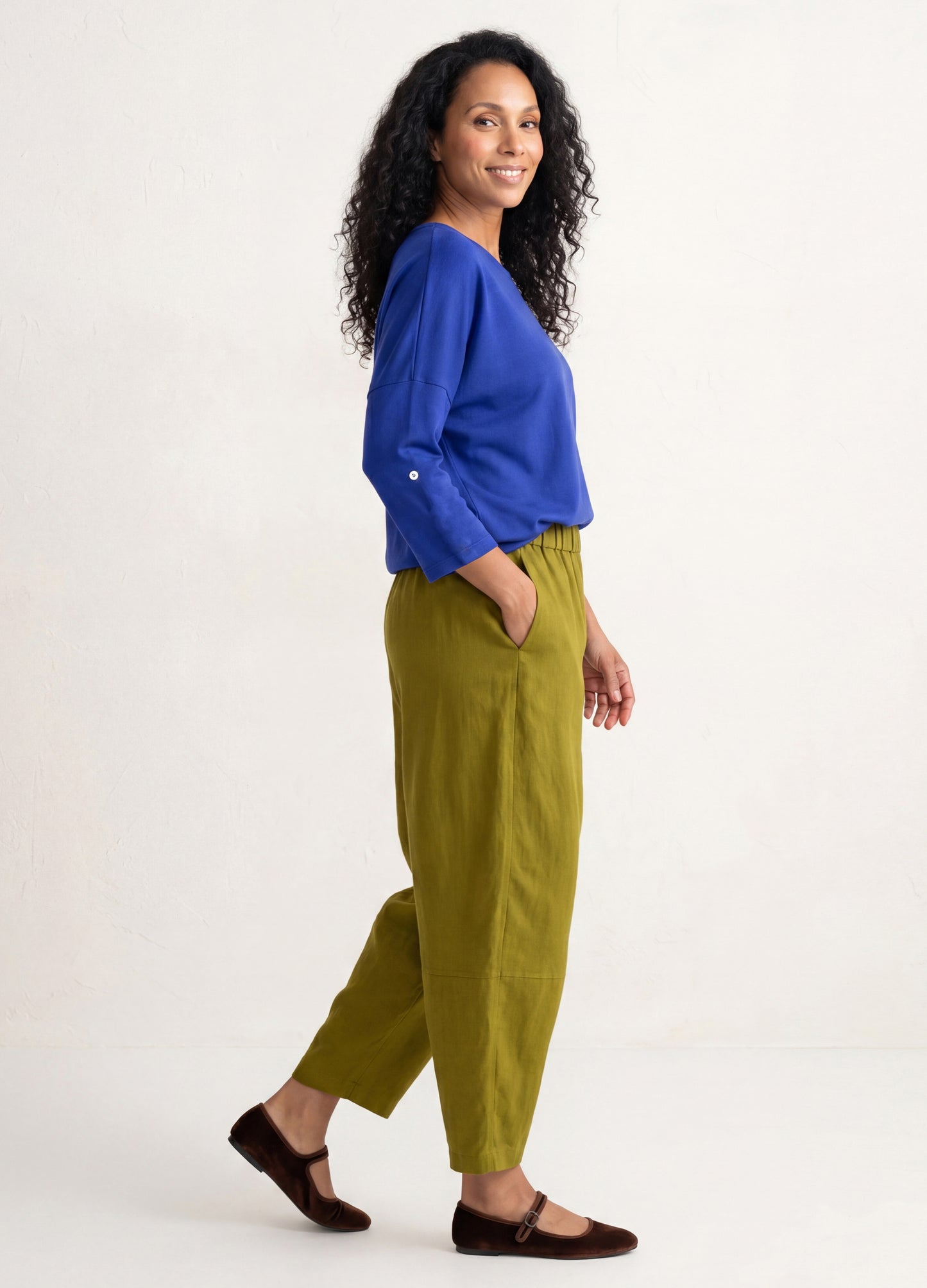 Sophie lantern trousers in Antique Moss linen blend