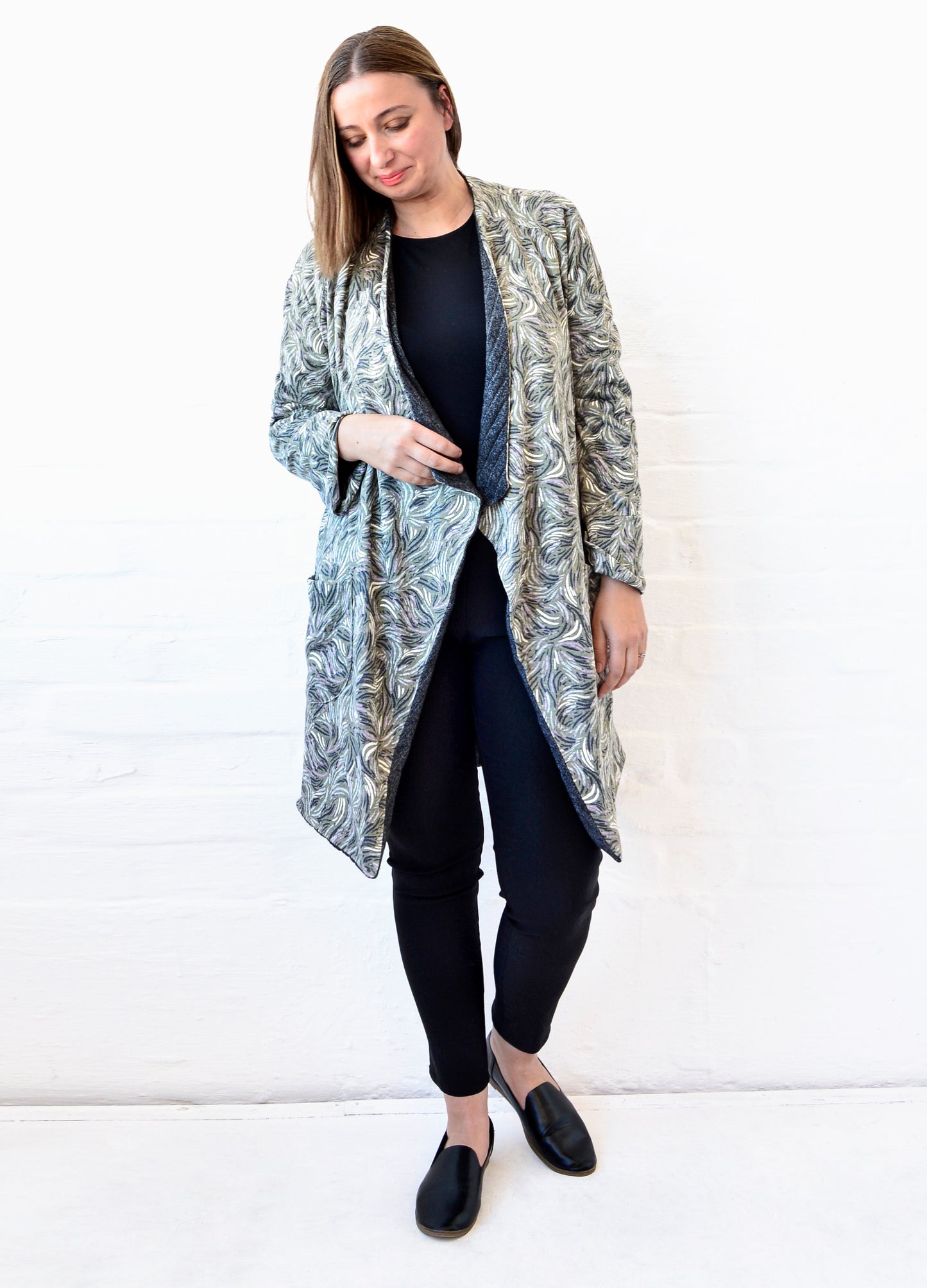 Stefana Reversible Cardigans in olive Huckleberry print and charcoal rib