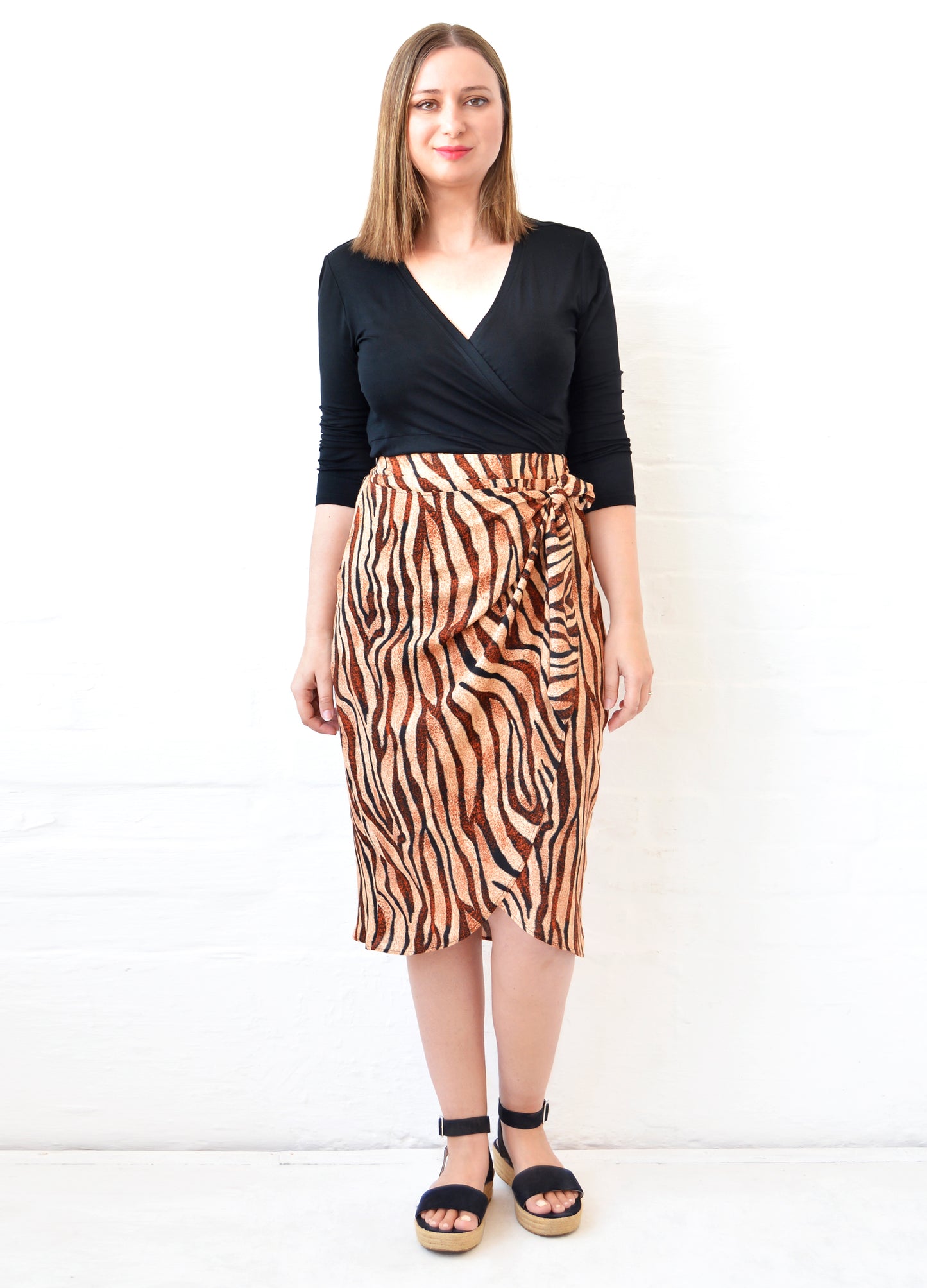 Willow wrap skirt in caramel Tiger Wave print