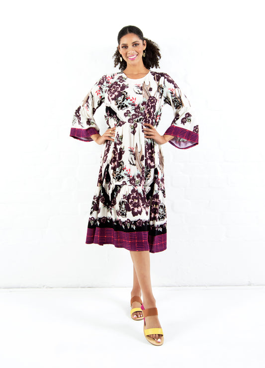 Coco tiered dress in magenta Olá Scarf print