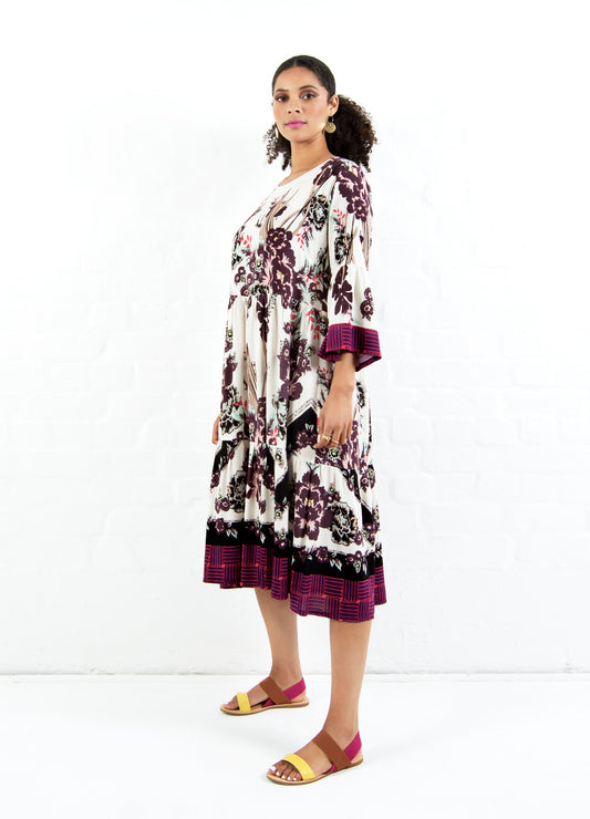 Coco tiered dress in magenta Olá Scarf print
