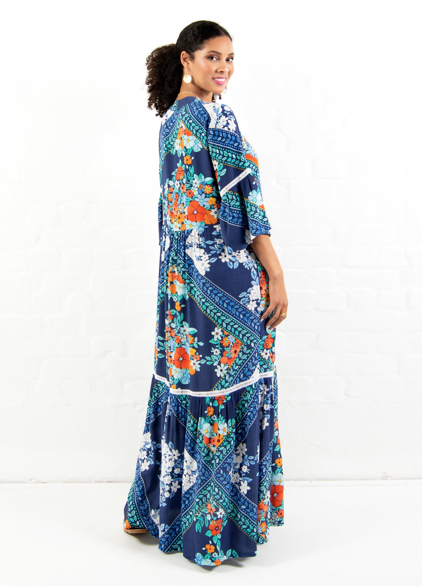 Cora maxi tiered dress in navy Aloha Floral print