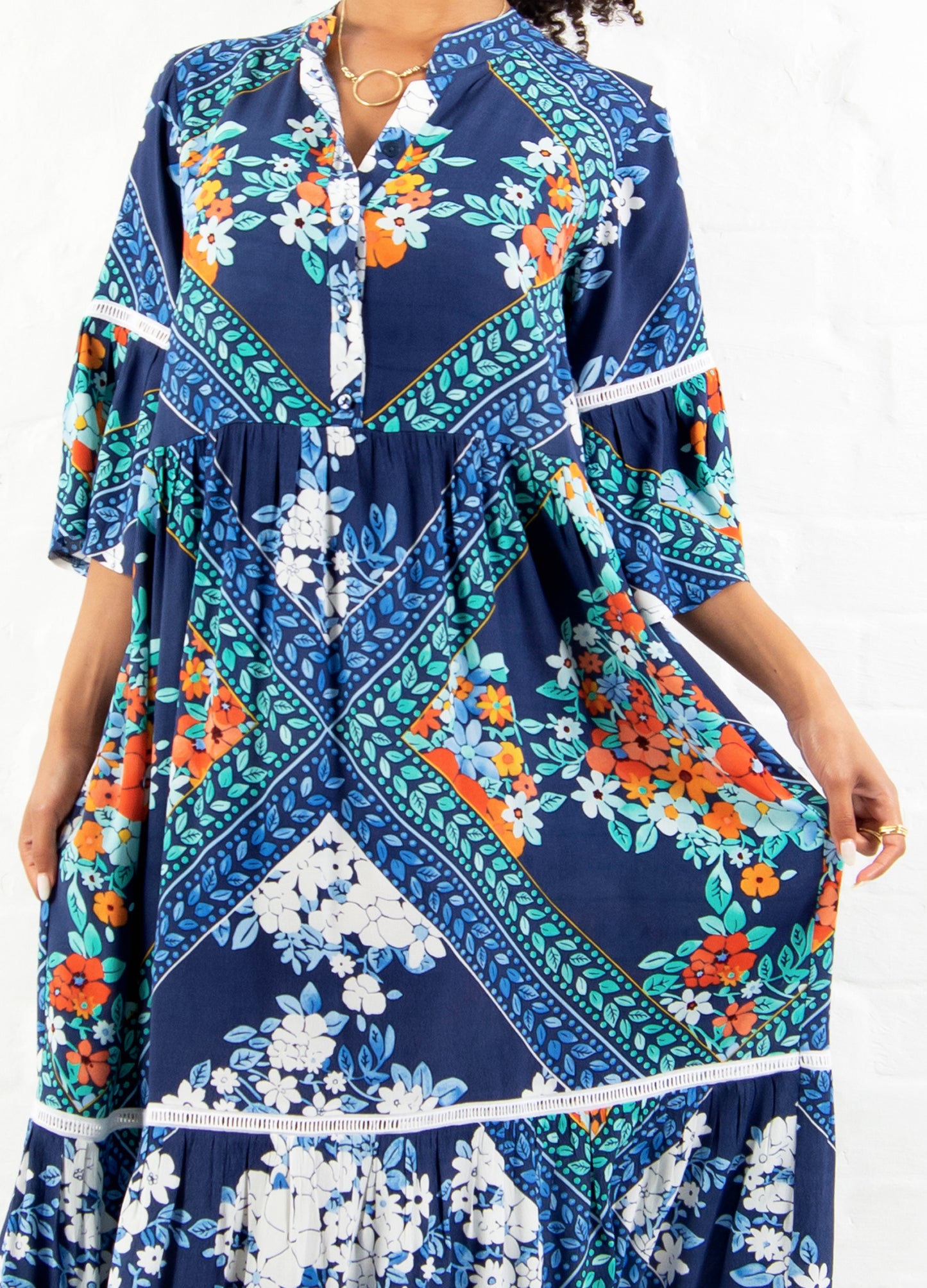 Cora maxi tiered dress in navy Aloha Floral print