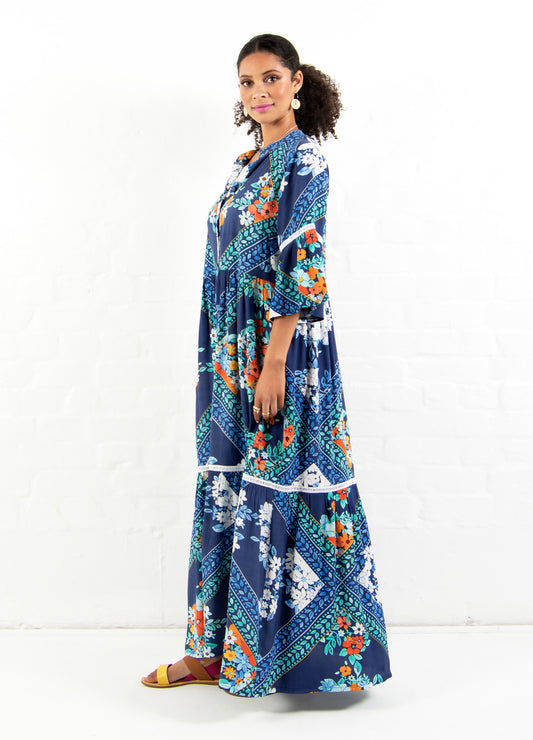 Cora maxi tiered dress in navy Aloha Floral print