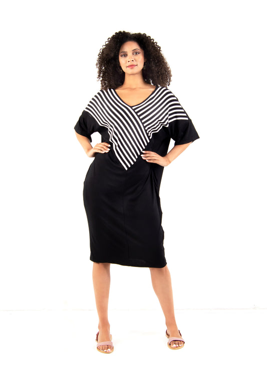 Manon cocoon dress in Black and White stripe