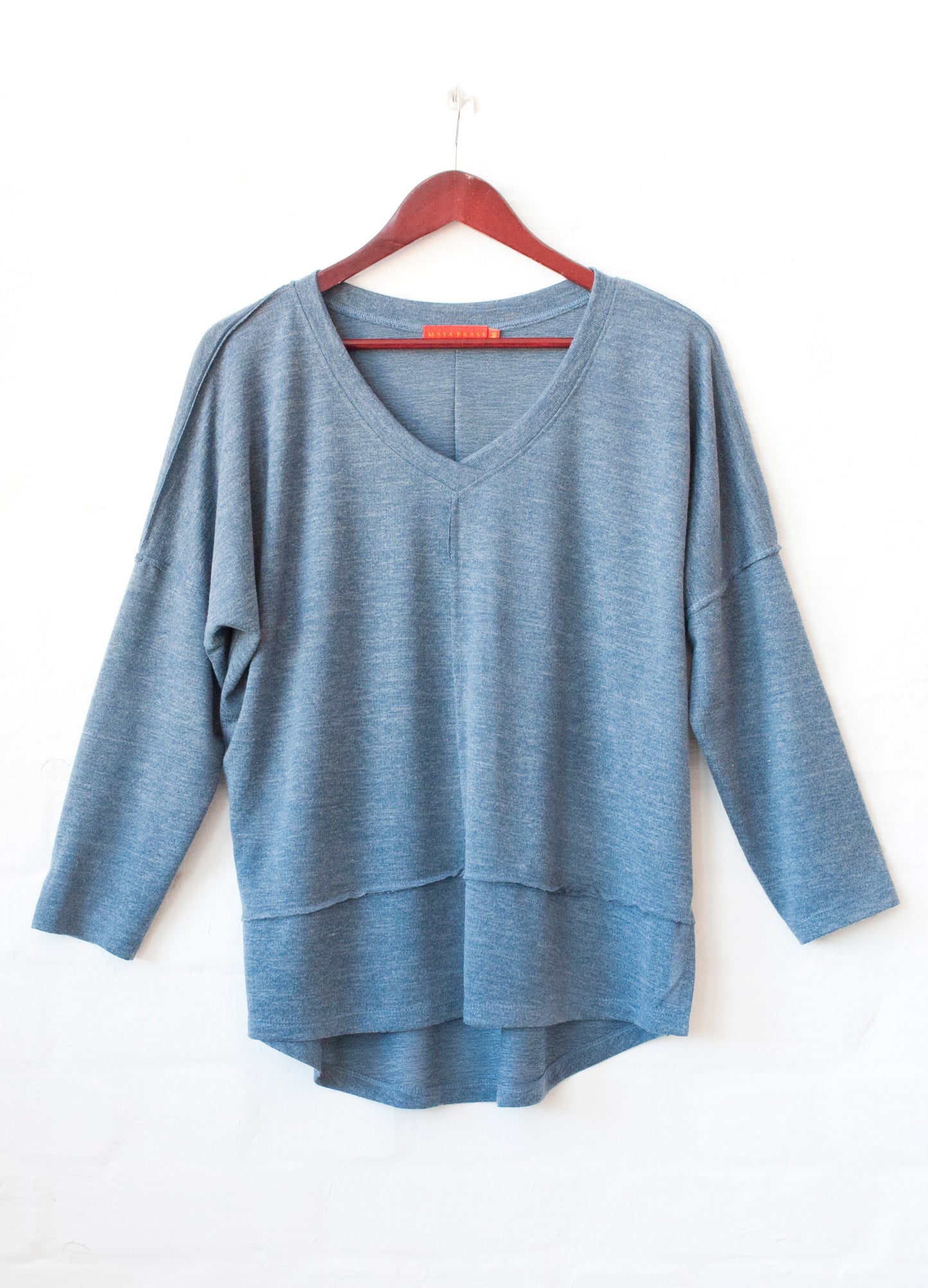Mia Box Pullover in Indigo melange cut & sew knit size 34 left