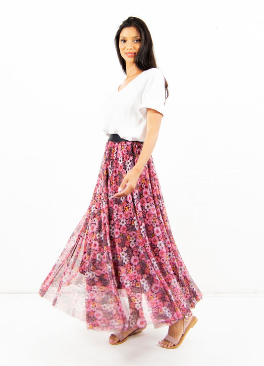 Angelica circle skirt in pink Fuji Blossom print