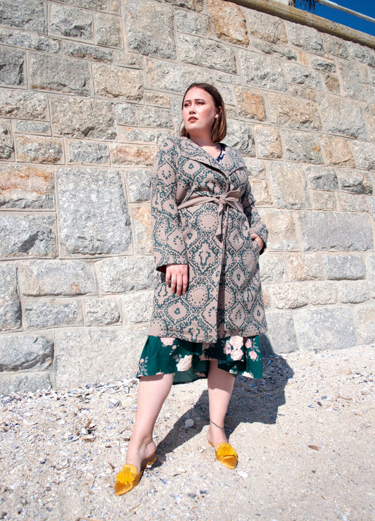 Pepperberry coat in oatmeal and forest Krakatoa melton size 38 left