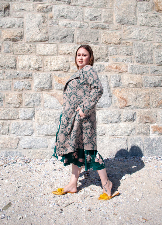 Pepperberry coat in oatmeal and forest Krakatoa melton size 38 left