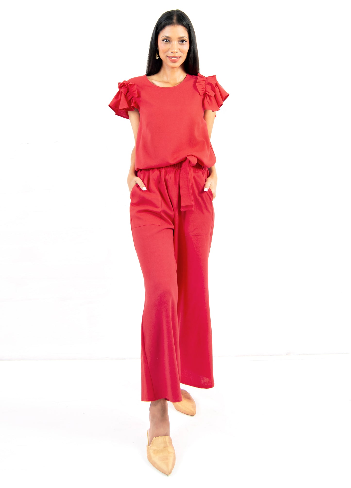 Romie frill shell top in Cherry